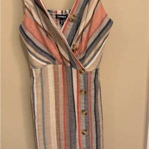 Express XS Linen Blend Striped Midi Dress in Blue, Coral, Cream and Tan